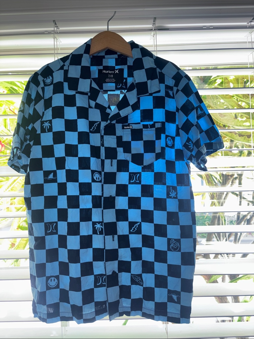 Hurley Blue and Black Checkerboard Short Sleeve Button-Up